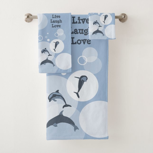 Playful Wave Jumping Dolphins Steel-Blue Bath Towel Set (Insitu)