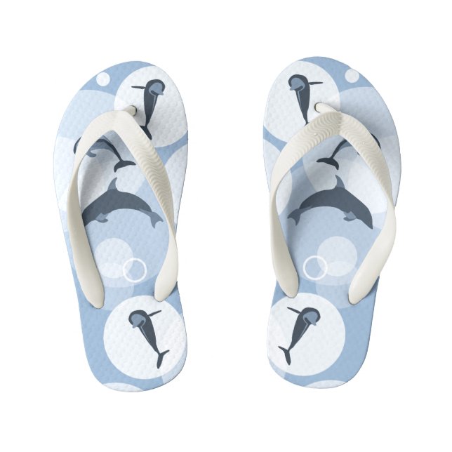 Playful Wave Jumping Dolphins Steel-Blue Kid's Flip Flops (Footbed)