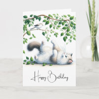 Playful White Cat with Bird Birthday