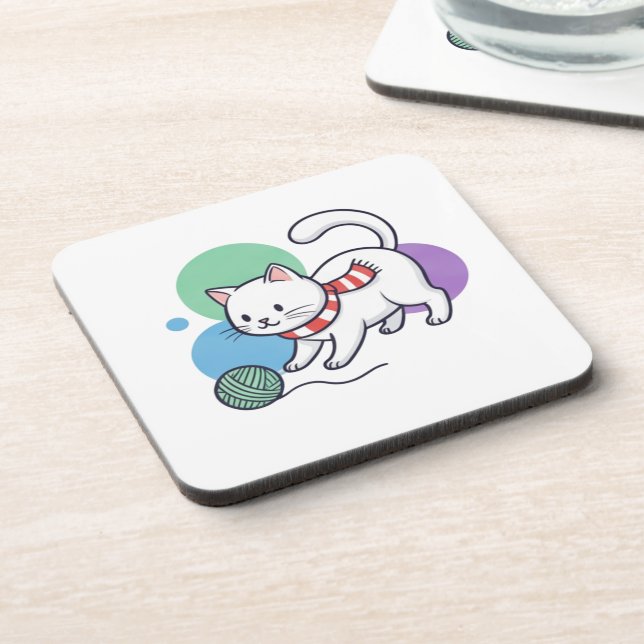 Playful White Cat with Yarn Tee Coaster (Left Side)