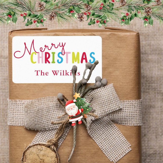 Playful White Merry Christmas Family Name Design Label (Colorful Bright Merry Christmas Custom Gift White Label)