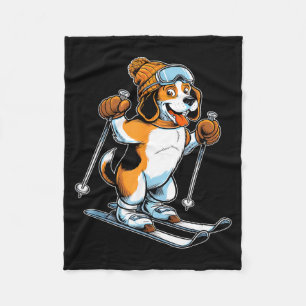 Playful winter beagle with skiing  fleece blanket