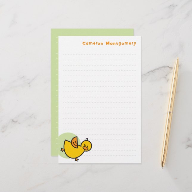 Playful Yellow Baby Duck Green Dot Kid's Thank You Stationery (Front/Back In Situ)