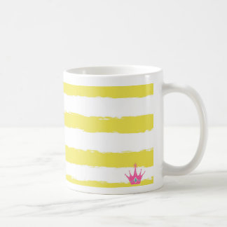 Playful yellow striped mug with a pink crown
