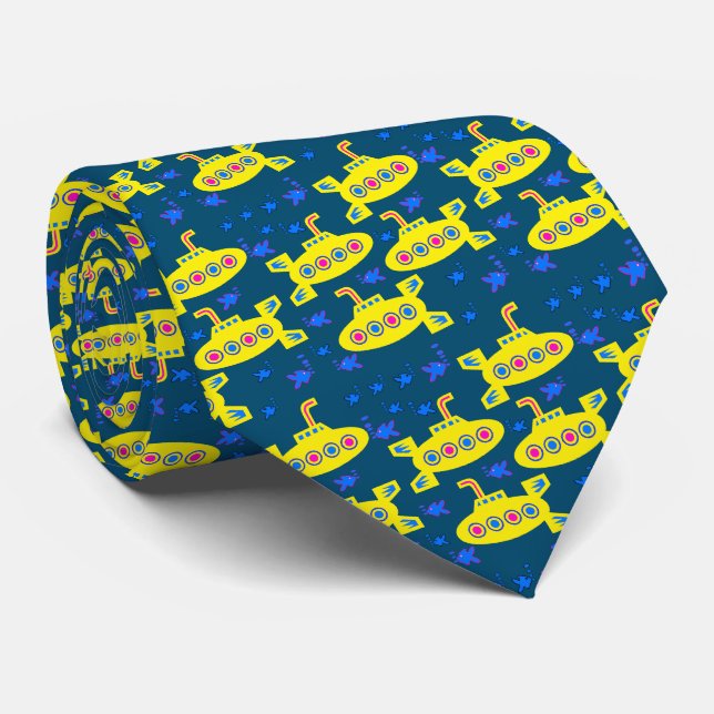 Playful Yellow Submarines Deep Sea Blue Tie (Rolled)