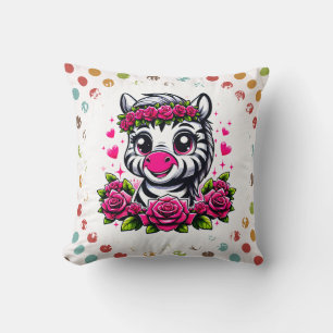 Playful Zebra with Pink Rose Crown Throw Pillow