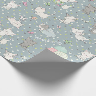 Playfull Kitties On Grey Blue Wrapping Paper