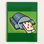 Playing Card Dealer Machine Poker and Casino Planner<br><div class="desc">Organize your winning strategies and daily tasks with this creative spiral planner featuring a cartoon card dealer machine on the cover. This professional notebook showcases a mechanical shuffler dispensing a five of diamonds in a crisp and modern vector illustration. It is an ideal gift for poker enthusiasts, professional dealers, or...</div>