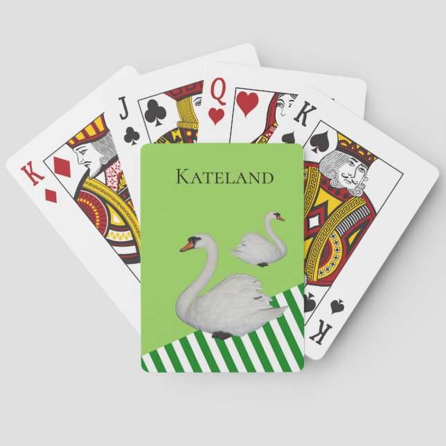 Playing Card Deck Green White Stripe Swans (Back)