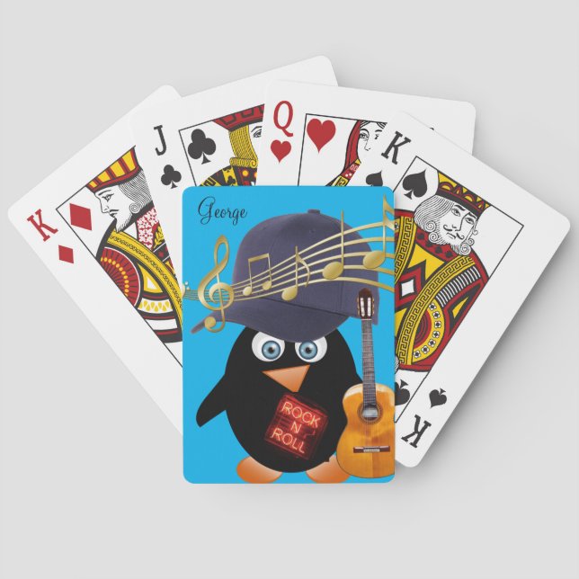 Playing Card Deck Penguin Blue Guitar Rock n Roll (Back)