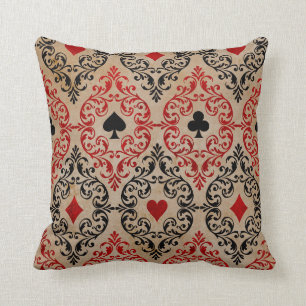 Playing Card Suits and Scroll on Tan Throw Pillow