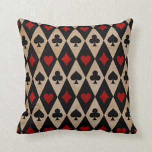Playing Card Suits on Black and Tan Throw Pillow