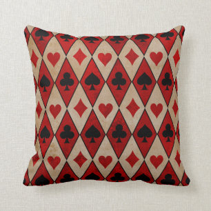 Playing Card Suits on Red and Tan Throw Pillow