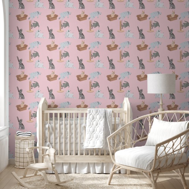 Playing Cats and Kittens on Pink  Wallpaper (Kids)