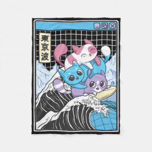 Playing Cats Surfing Kanagawa Wave Kawaii Anime Va Fleece Blanket