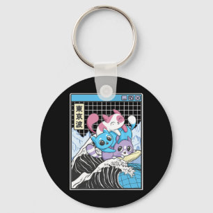 Playing Cats Surfing Kanagawa Wave Kawaii Anime Va Keychain