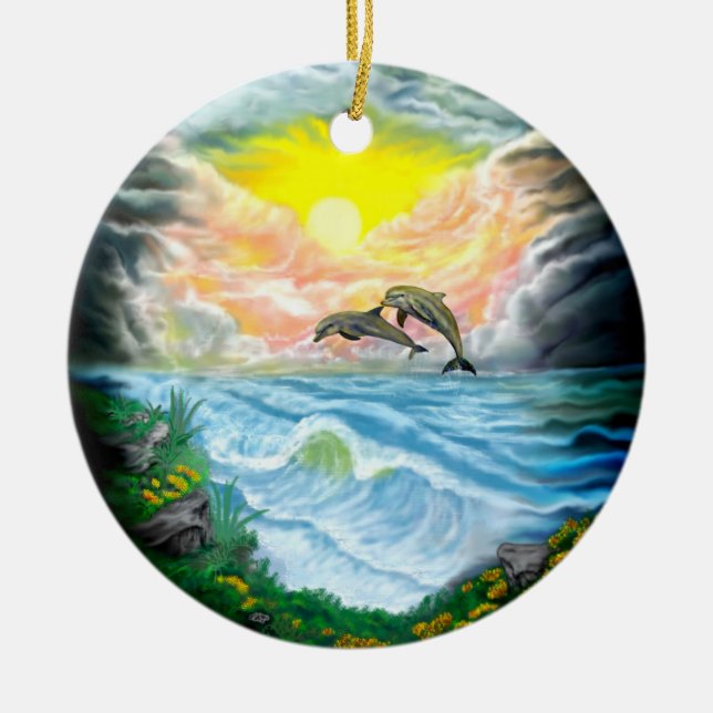 Playing Dolphins in the Sunshine Ceramic Ornament (Front)