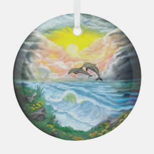 Playing Dolphins in the Sunshine Glass Ornament