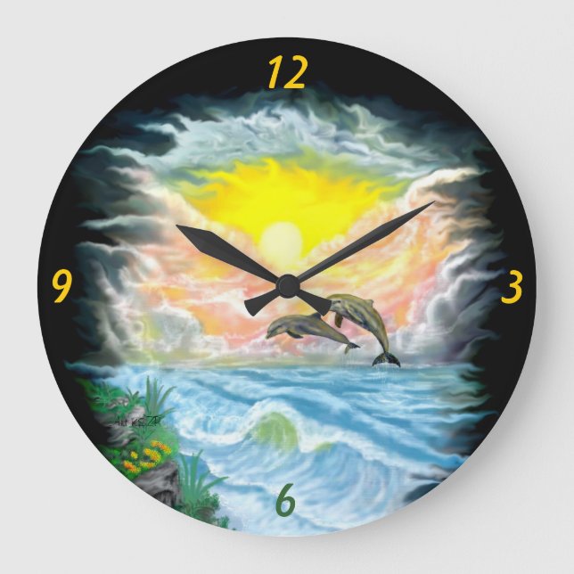 Playing Dolphins in the Sunshine Large Clock (Front)