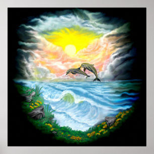 Playing Dolphins in the Sunshine Poster
