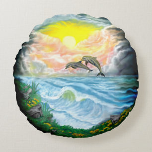 Playing Dolphins in the Sunshine Round Pillow