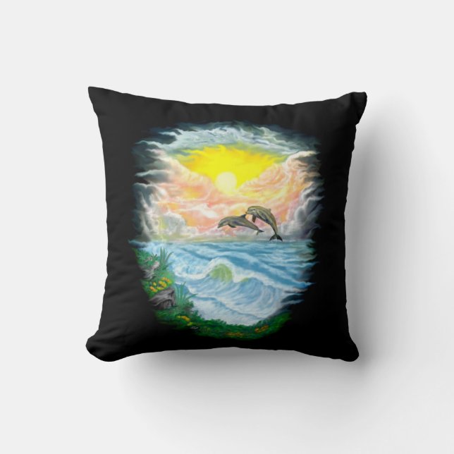 Playing Dolphins in the Sunshine Throw Pillow (Front)
