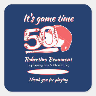 Playing His 50th Inning Baseball Birthday Party Square Sticker