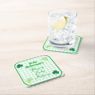 Playing Lucky Mahjong Watercolor Shamrocks  Paper Coaster
