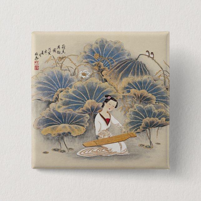Playing Music by Lotus Pond 2 Inch Square Button (Front)