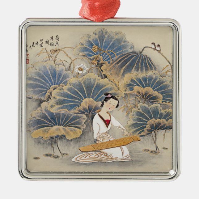 Playing Music by Lotus Pond Metal Ornament (Front)