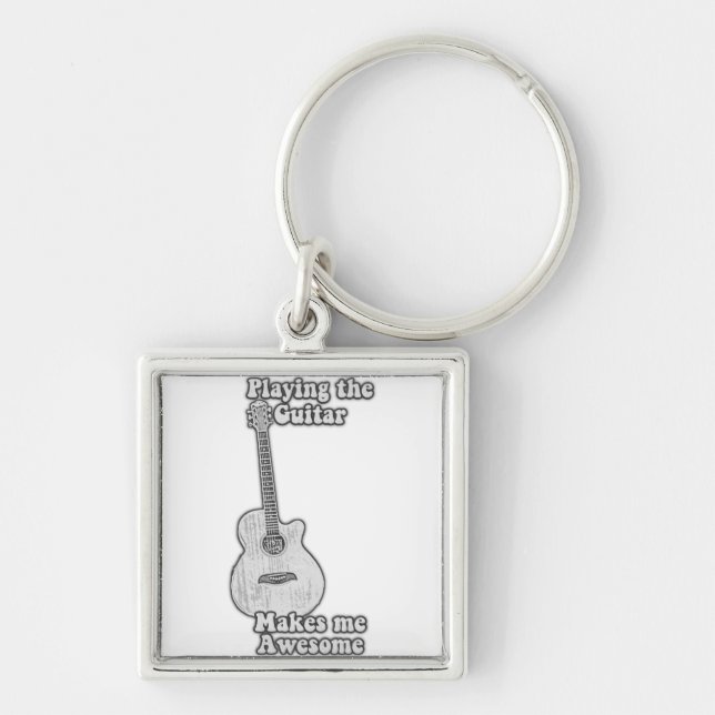 Playing the guitar makes me awesome. black & white keychain (Front)