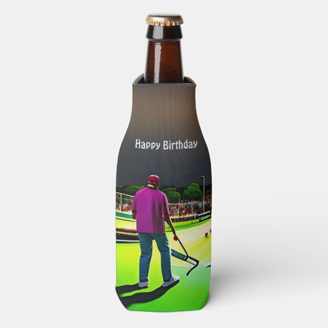 Playing Twilight Lawn Bowls Birthday Bottle Cooler (Bottle Front)