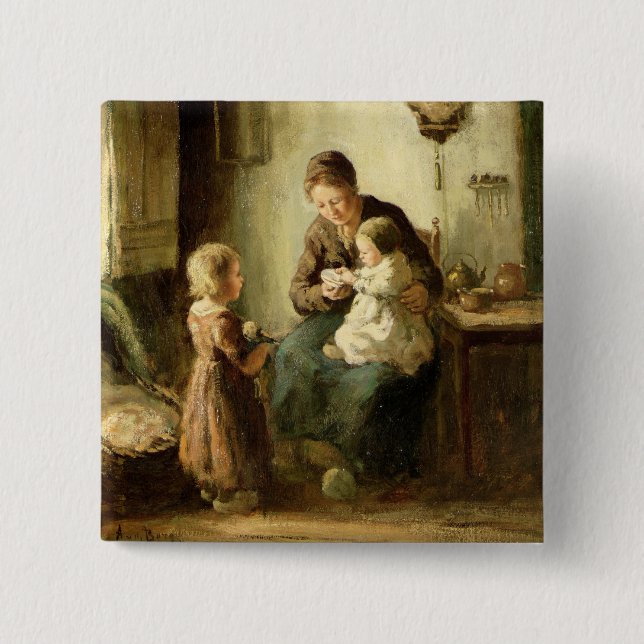 Playing with baby, 19th century 2 inch square button (Front)