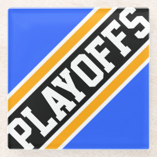 PLAYOFFS Bright Blue Yellow Black Racing Stripes Glass Coaster