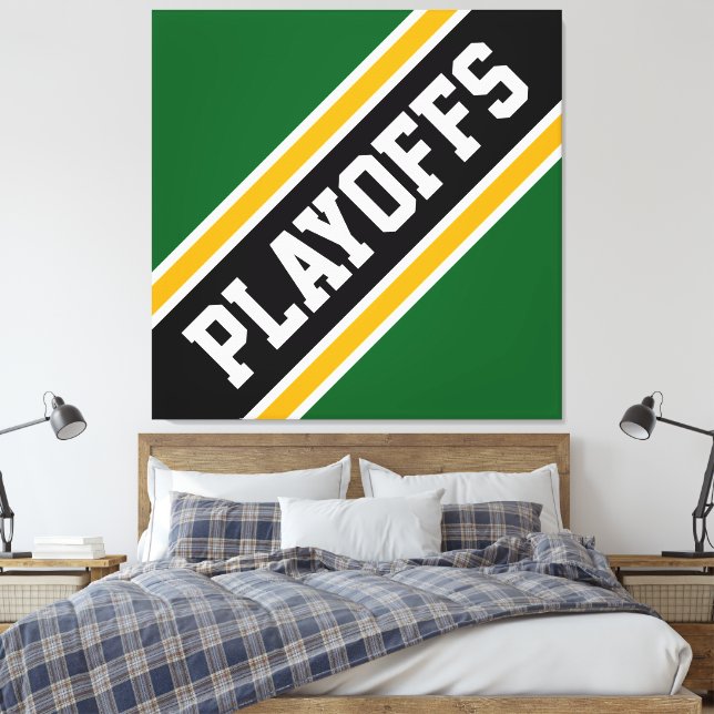 PLAYOFFS Fun Athletic Green Black Yellow Stripes Canvas Print (Insitu(Bedroom))
