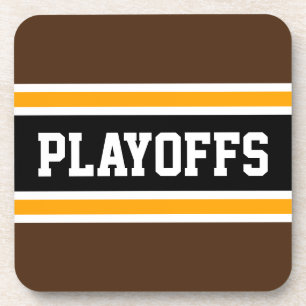 PLAYOFFS Fun Football Brown Yellow Black Stripes Coaster