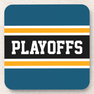 PLAYOFFS Sporty Bold Teal Yellow Black Stripes Coaster