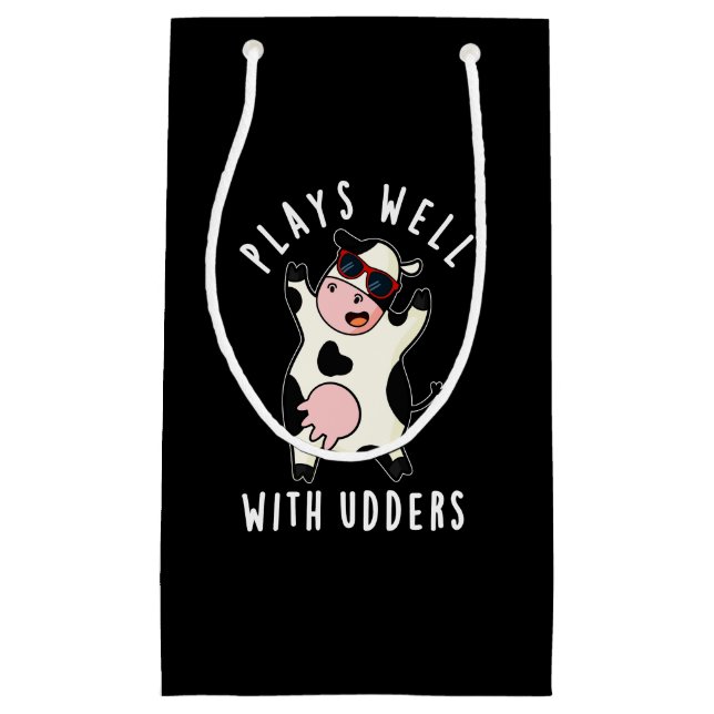Plays Well With Udders Funny Cow Pun Dark BG Small Gift Bag (Front)