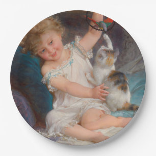 Playtime: Girl Playing with her Pet Kitten Paper Plate