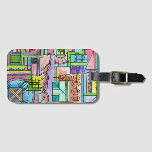 Playtime-Whimsical Hand Painted Abstract Geometric Luggage Tag (Front Horizontal)