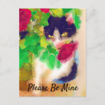 Please Be Mine, Cat with Red Rose Valentine