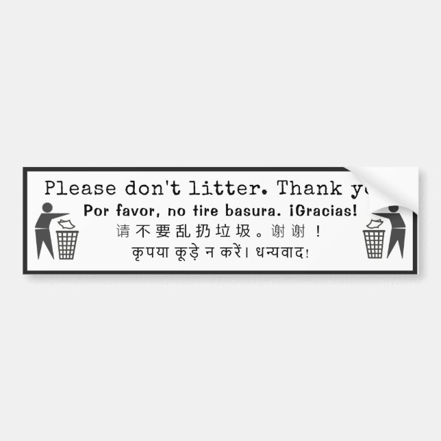 Please Don't Litter Thank You! Multilingual Custom Bumper Sticker (Front)