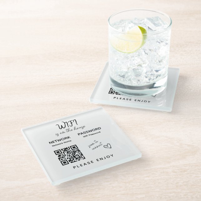 Please Enjoy Wifi Password Scan to Connect QR Code Glass Coaster (Angled)