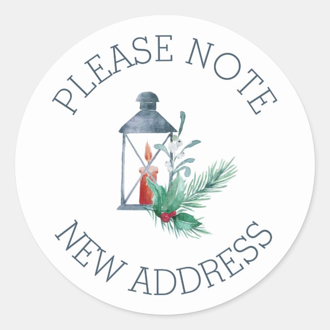 Please Note New Address Holly Candle Lit Lantern Classic Round Sticker (Front)