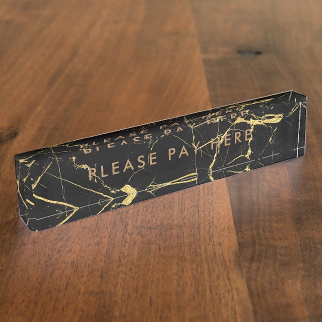 Please Pay here Sign Black Marble Gold Business Nameplate (Side)