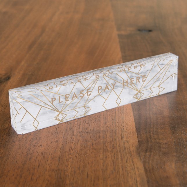 Please Pay here Sign White Marble Gold Business Nameplate (Side)