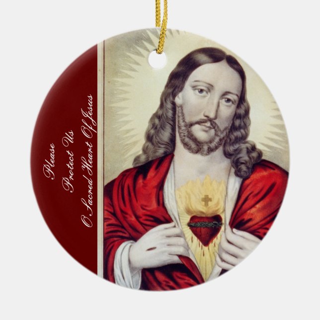 PLEASE PROTECT US O SACRED HEART OF JESUS CERAMIC ORNAMENT (Front)