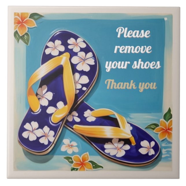 Please Remove Shoes Sign Blue Hawaiian Flip Flops Tile (Front)