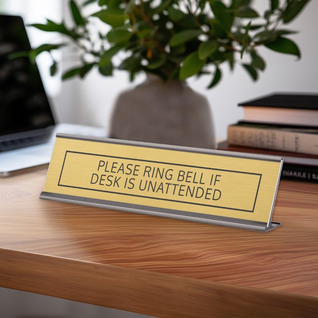 Please Ring Bell if Desk is Unattended Gold Black Desk Name Plate (Custom Nameplate - Add Name and Title for Executive Sign or customize in the design area)