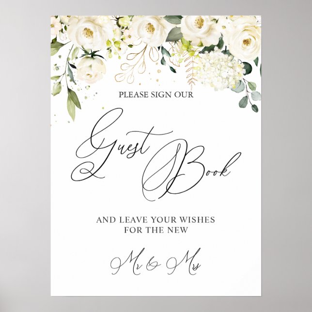 Please Sign Our Guest Book White Roses Poster (Front)